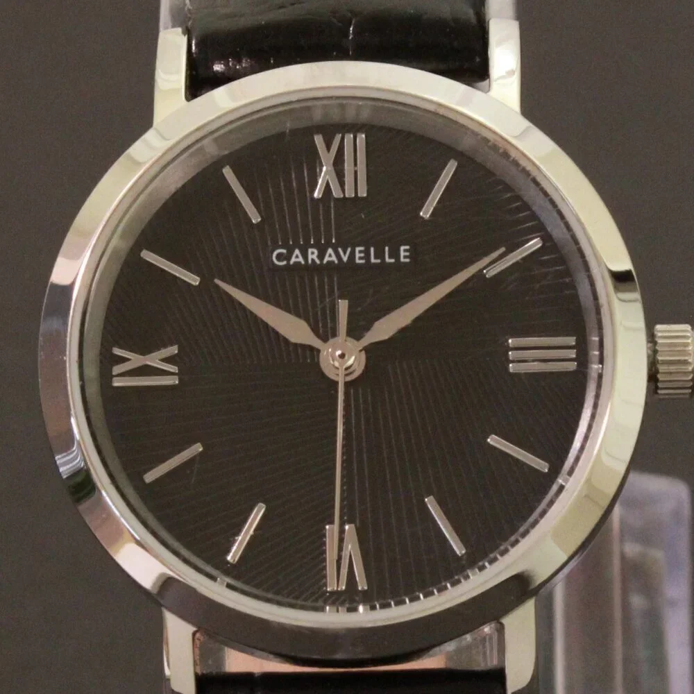 Caravelle Ladies Quartz Dress Watch By Bulova Black Textured Dial, Strap 28mm